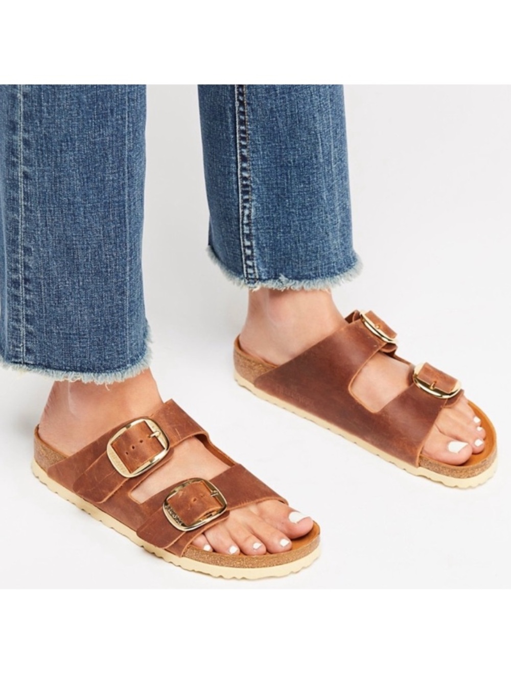 Birkenstock Tan Brown Large Gold Buckle Arizona Leather Sandals 37 - Picture 10 of 10